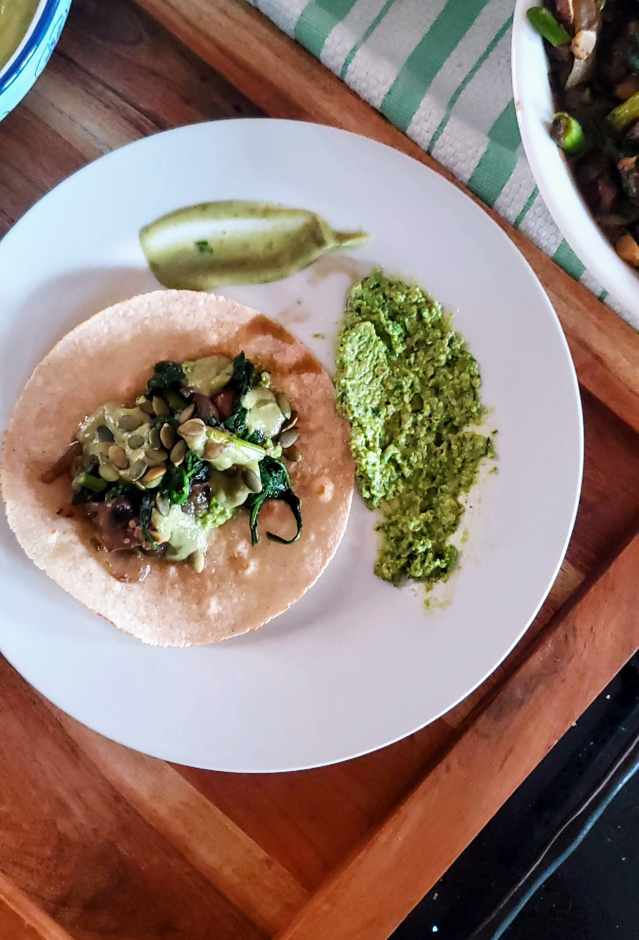 Portobello Mushroom & Asparagus Tacos with Avocado Jalapeno Crema